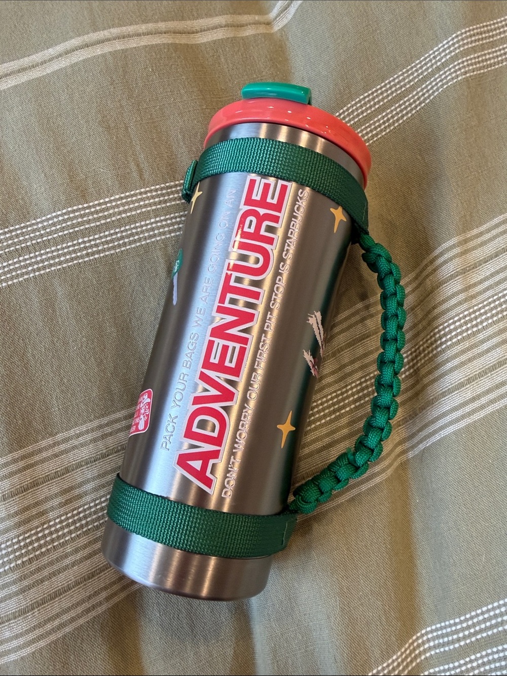 Starbucks Stainless Steel Bottle with Pink Lid and Green Strap
